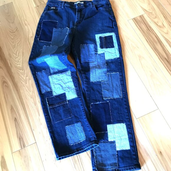 Boho Patchwork Jeans, Size 12: Upcycled Distressed Denim on Denim Hippie Pants - Picture 5 of 10